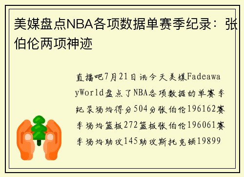 美媒盘点NBA各项数据单赛季纪录：张伯伦两项神迹